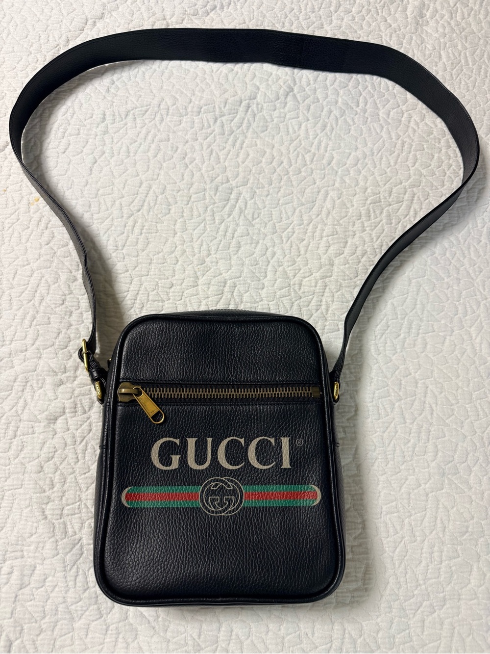 Gucci Black Leather Messenger Bag with Green-Red Web Stripe